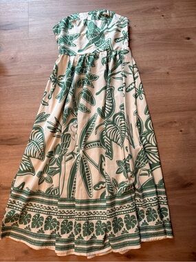 NWOT: Strapless Cream Maxi Dress with Green Tropical Print